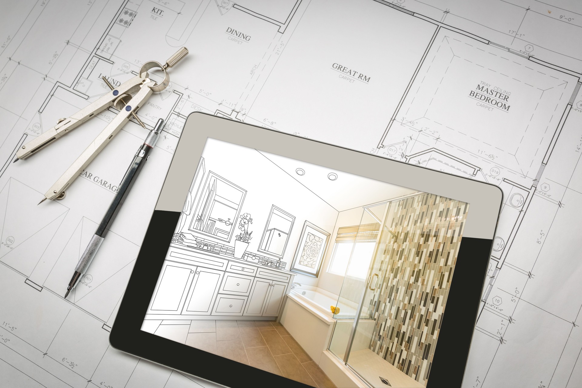 Computer Tablet with Master Bathroom Design Over House Plans, Pencil and Compass.