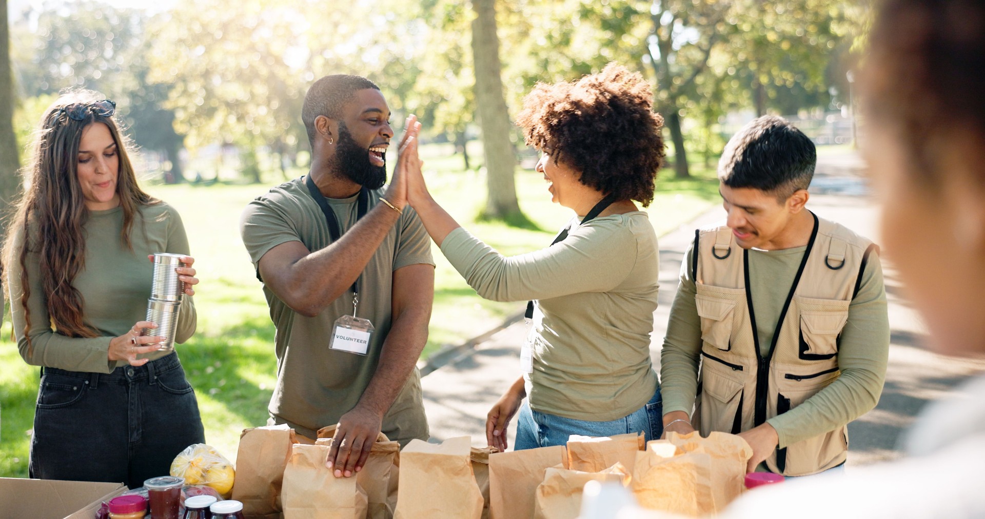 Charity, high five and volunteer team in park with parcel for donation, distribution or community service. NGO, diversity and happy people with parcel for teamwork, kindness or social responsibility